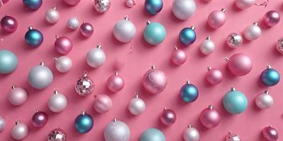 The primary subject of the image is a collection of Christmas ornaments. The ornaments are displayed on a pink background, creating a festive and warm atmosphere. The ornaments come in various shapes, sizes, and colors, including pink, blue, and purple. The setting appears to be a store or a display, showcasing the ornaments for sale or decoration. The visual style of the image is a close-up of the ornaments, highlighting their details and beauty.